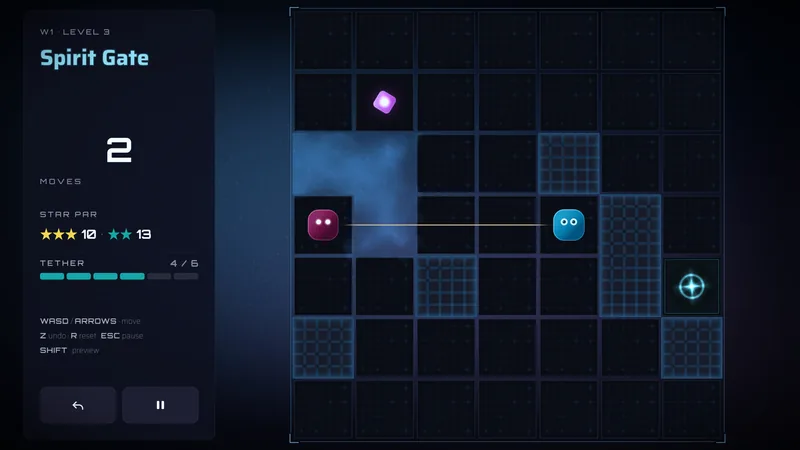 World 1 board: the pink and cyan characters on one row, joined by a long tether, with blue walls and the exit at the right edge.
