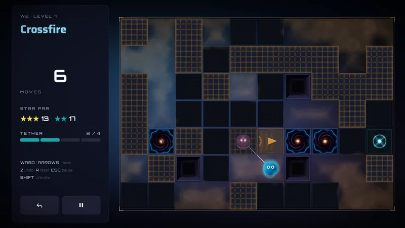 World 2 board in amber: a one-way arrow tile and three black hole hazards on one row, the faded pink character inside a wall and the cyan one below it, the exit at the far right.