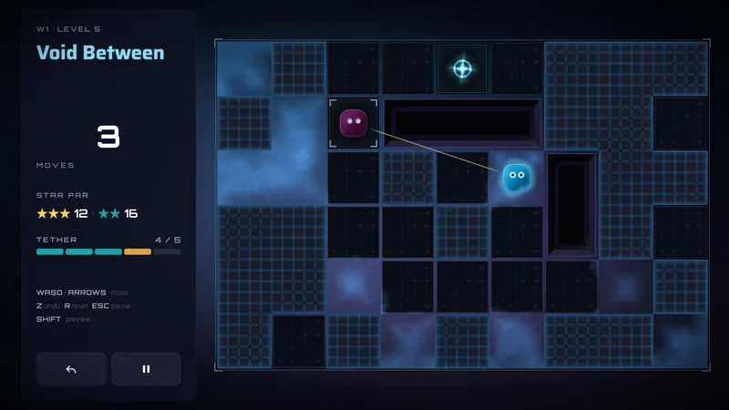 World 1 level 5: the pink character in a bracketed tile at upper left and the cyan one lower and to the right, joined by a tether across black void tiles, the exit at the top.