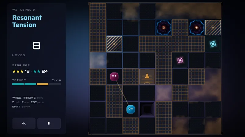 Challenge Mode board, World 2 level 9: a cyan exit and a pink exit, two hatched Phase Shift tiles and two black holes, with the characters linked by a tether.