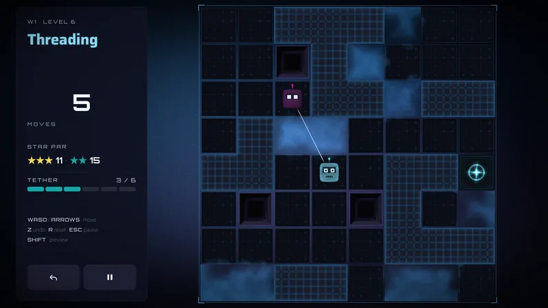 World 1 level 6 with robot character skins: a purple robot and a teal robot joined by a thin tether.