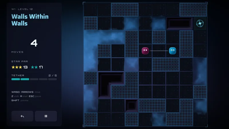 World 1 level 12: the pink and cyan characters side by side in the middle of the board on a short tether, the exit at the top right.